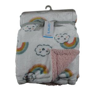 Carter's Baby Blanket White Pink Rainbow Cloud Infant Girls Sherpa Fleece NWT
